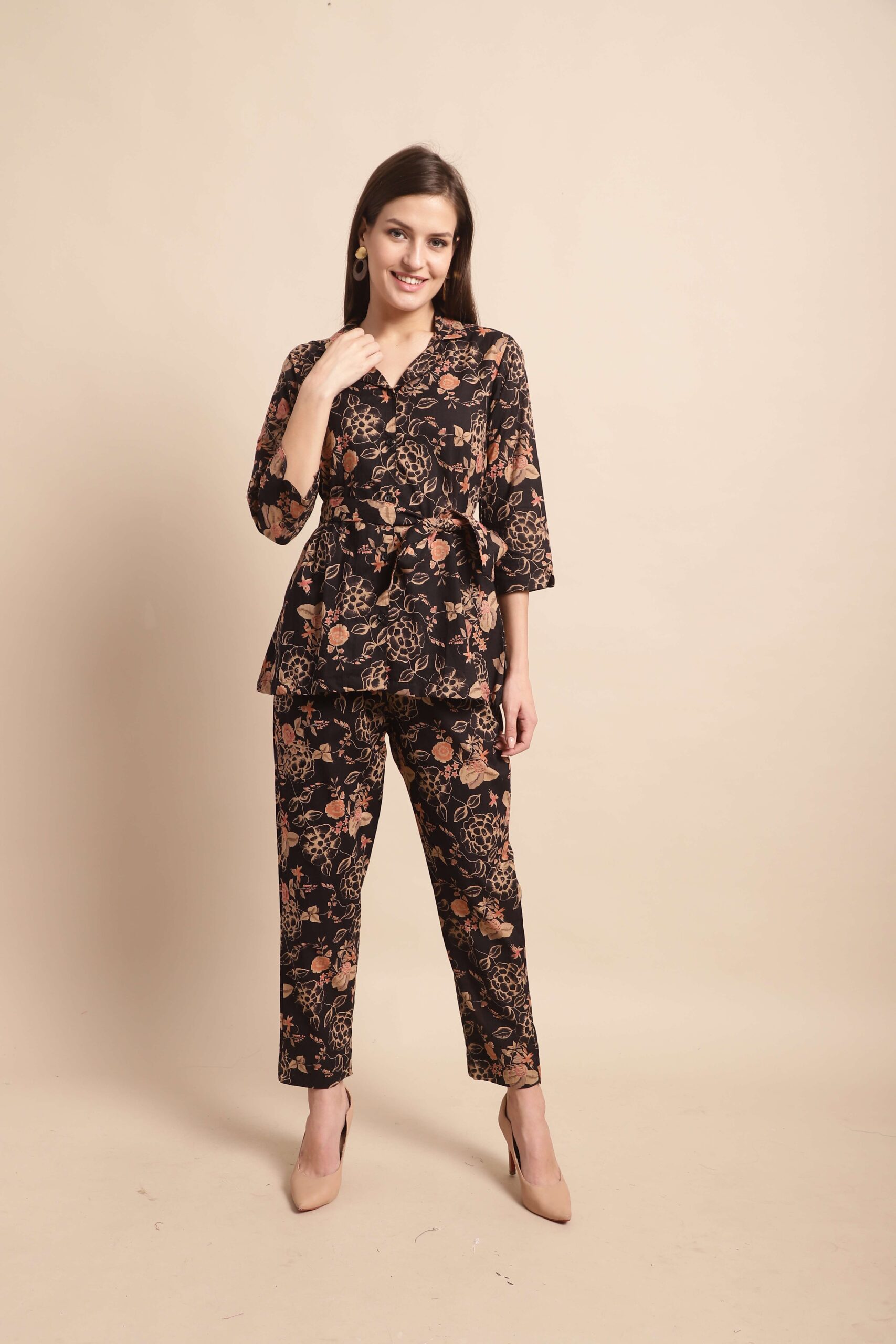 Women's Pure Cotton Printed Collared Top and Pant Co-ord Set (Black)