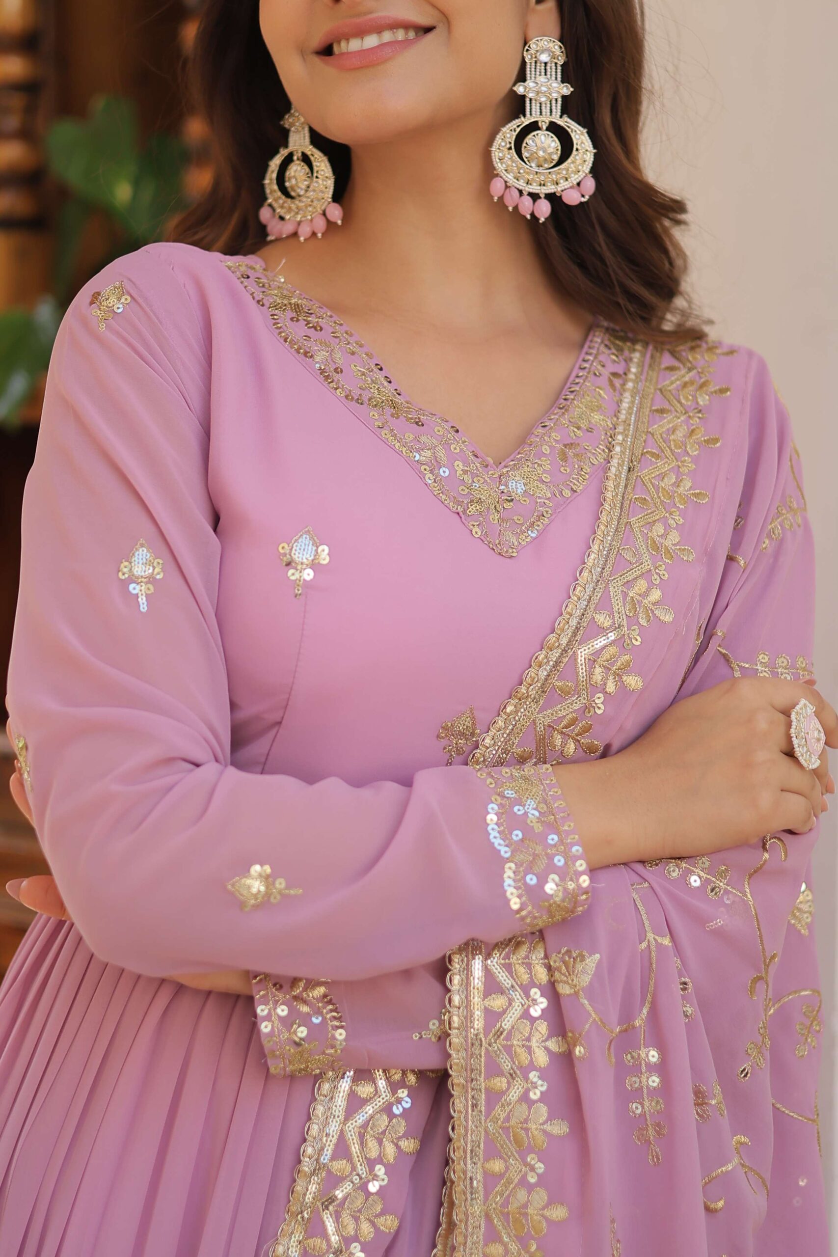 Purple Faux Georgette Designer Gown with Sequined Dupatta ? Fully Flared Elegant Ready-to-Wear Set - Image 5