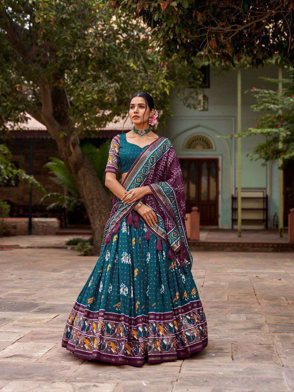 Maroon Tussar Silk Lehenga Choli with Bottle Green Blouse | Patola Print & Foil Work | Wedding & Festive Wear - Image 2
