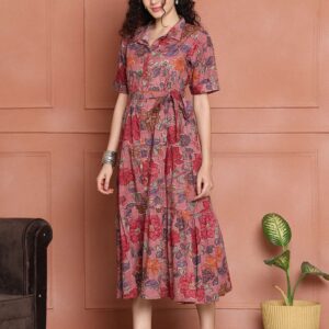 Women's Cotton Printed A-Line Midi Dress | Short Sleeve Flared Gown Dress (Pink)
